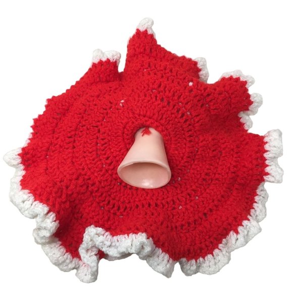 Cute Topper Doll in Hand Crocheted Red Dress White Ruffles Blonde w Cherub Face - Picture 3 of 7